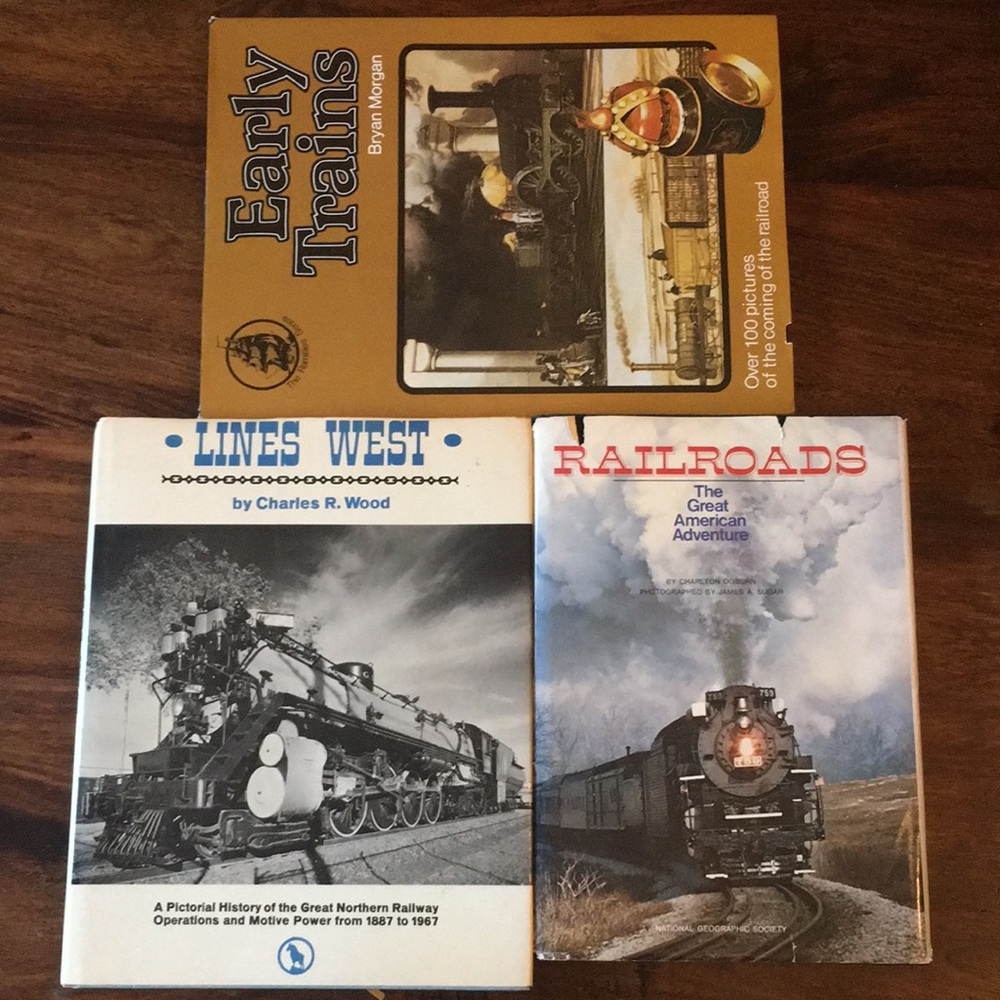 Lot of 3 Vintage Hardcover Train Theme books: Early Trains Lines West Railroads